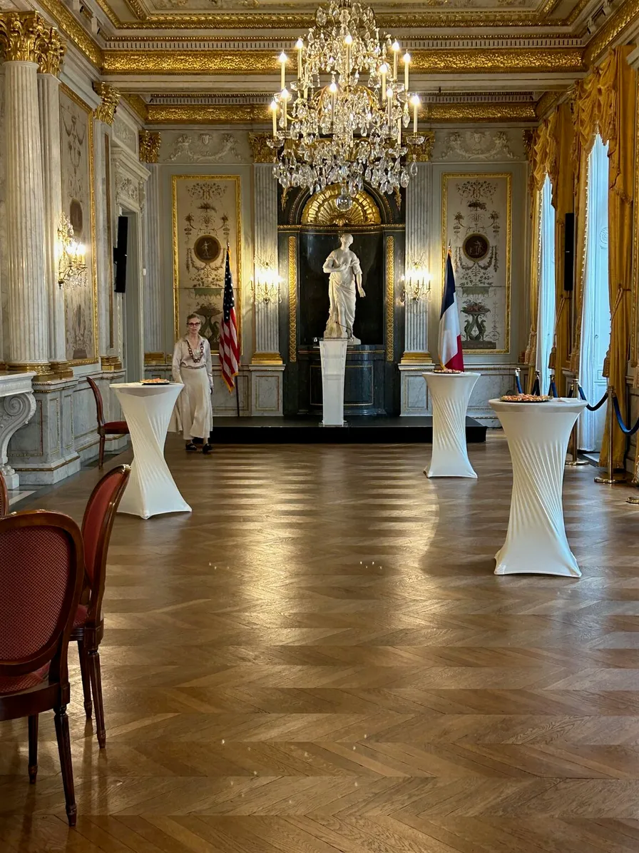 Reception room at the George Marshall Center with U.S. and French flags, early in the morning before the guests arrived